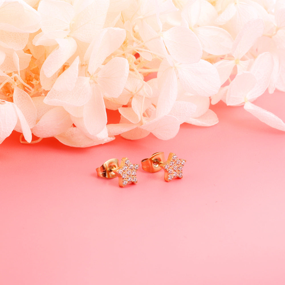 6.8mm Pentagram with CNC White Zirconia Stud Earrings Steel/Gold asonjewelry