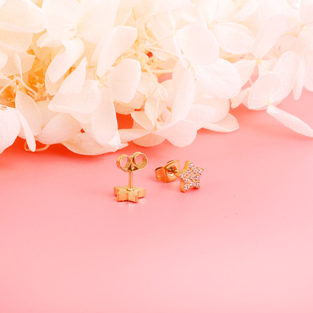 6.8mm Pentagram with CNC White Zirconia Stud Earrings Steel/Gold asonjewelry