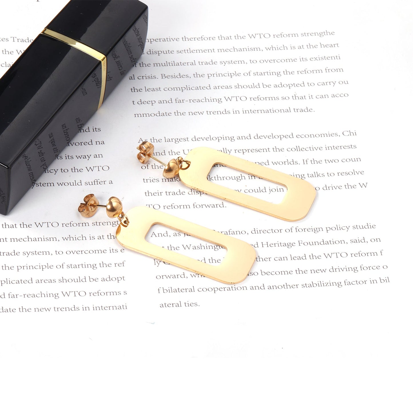 Half Bead Glossy & Brushed Long Cutout Earrings Goldtone asonjewelry