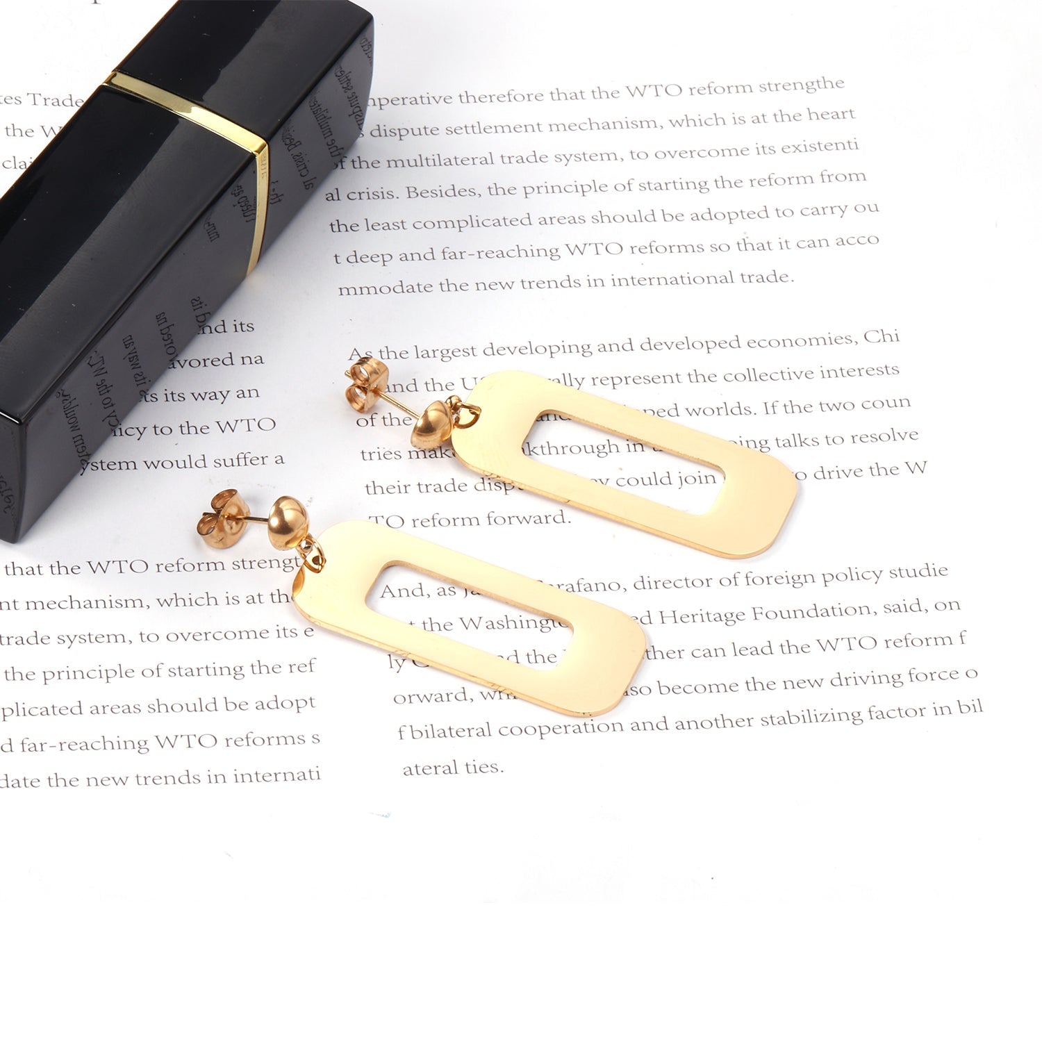 Half Bead Glossy & Brushed Long Cutout Earrings Goldtone asonjewelry