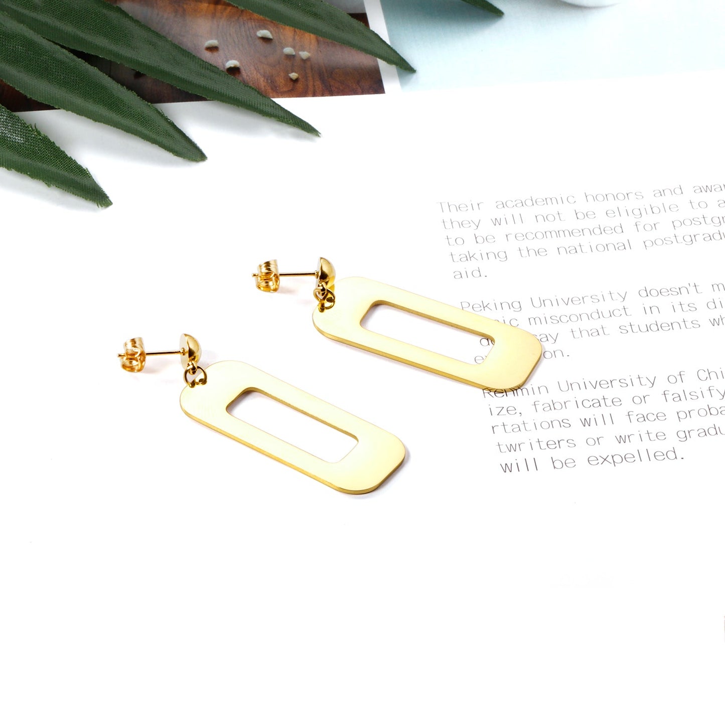 Half Bead Glossy & Brushed Long Cutout Earrings Goldtone asonjewelry