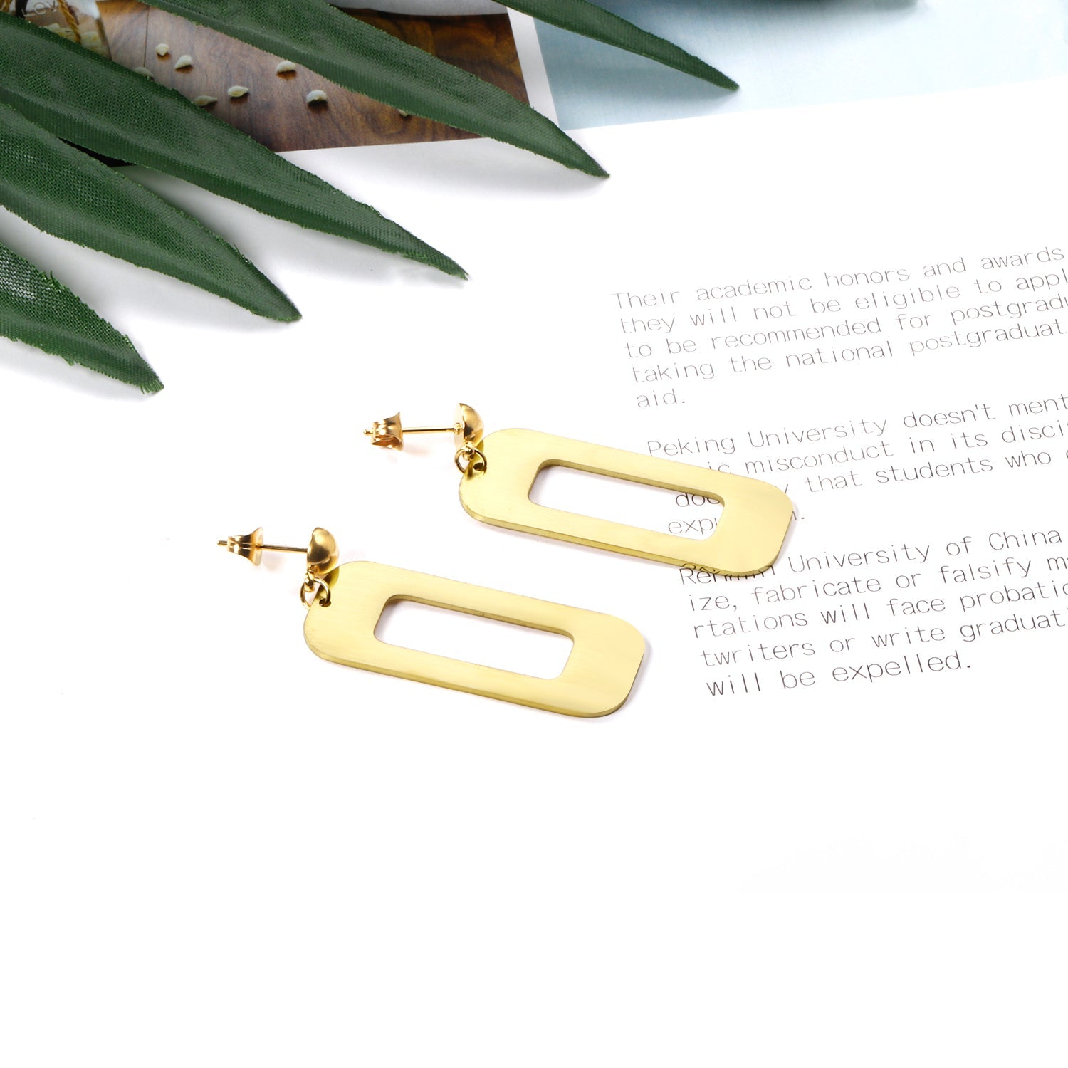 Half Bead Glossy & Brushed Long Cutout Earrings Goldtone asonjewelry