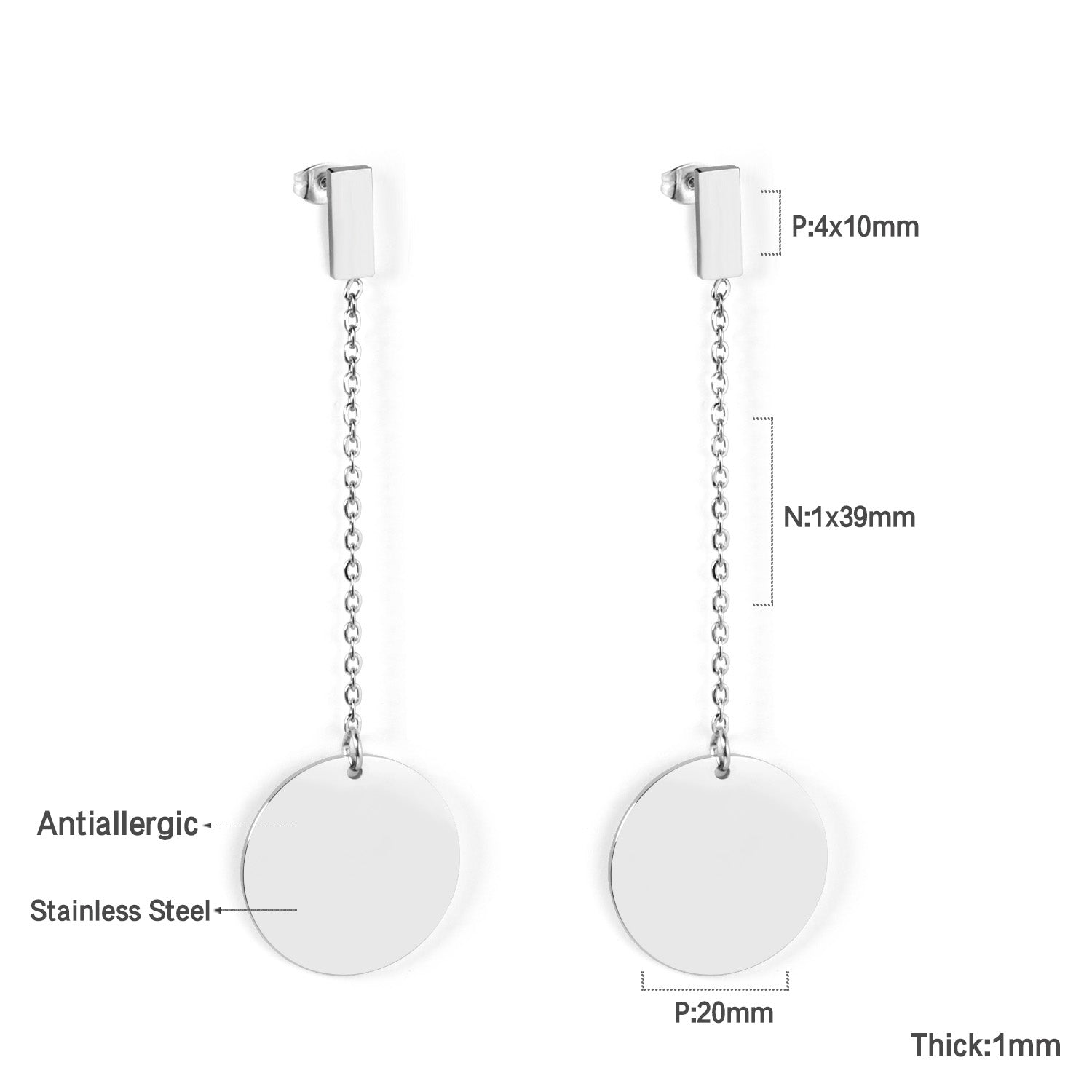 4x10mm rectangle + 20mm glossy round earrings asonjewelry