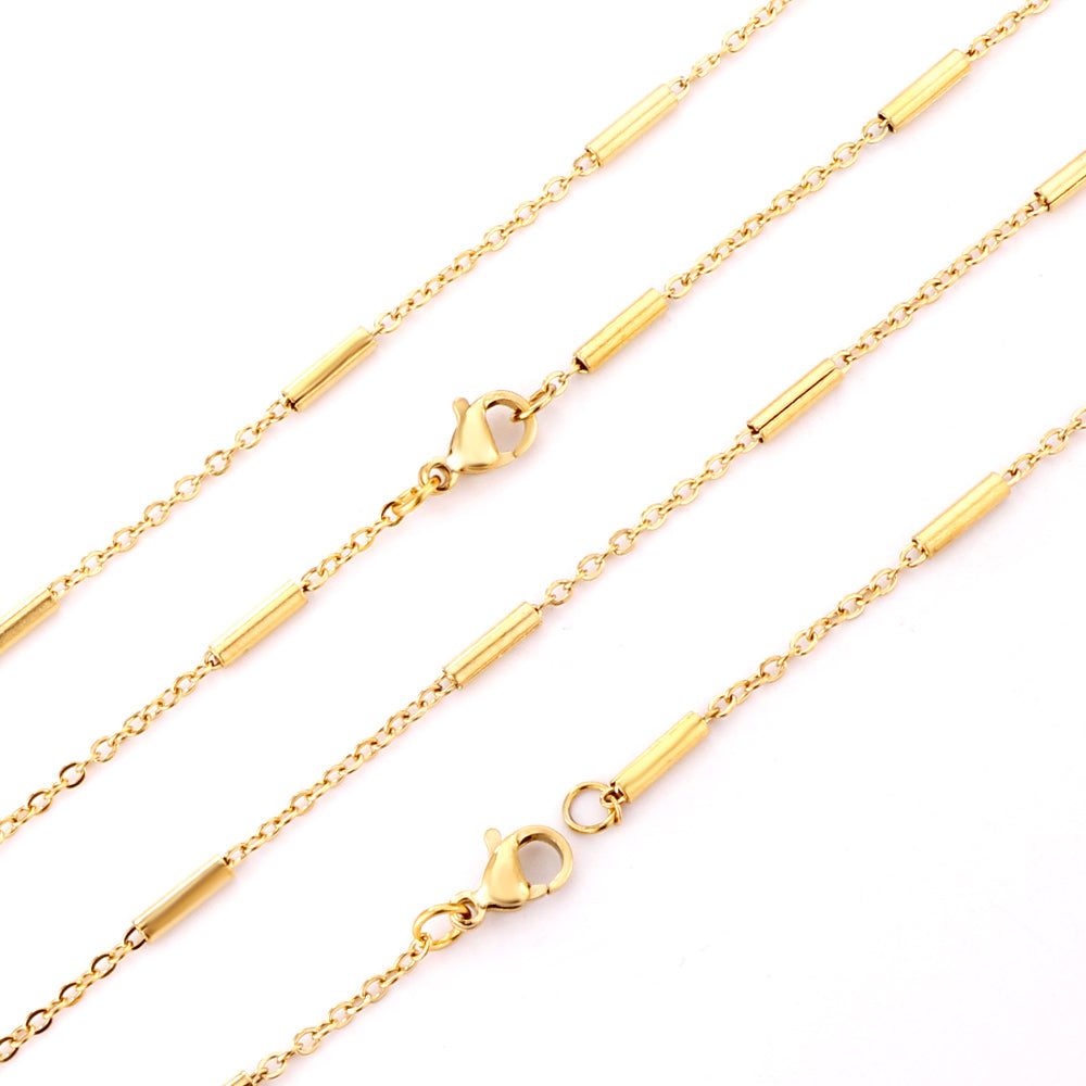 ASON 10pcs/bulk long necklace collar 0.4mm*45cm flat cross with steel tube matching chain steel color & gold stainless steel necklace wholesale asonjewelry