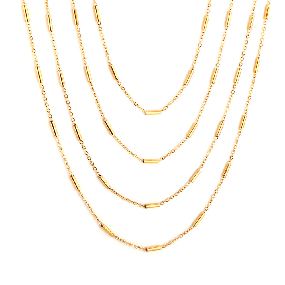 ASON 10pcs/bulk long necklace collar 0.4mm*45cm flat cross with steel tube matching chain steel color & gold stainless steel necklace wholesale asonjewelry