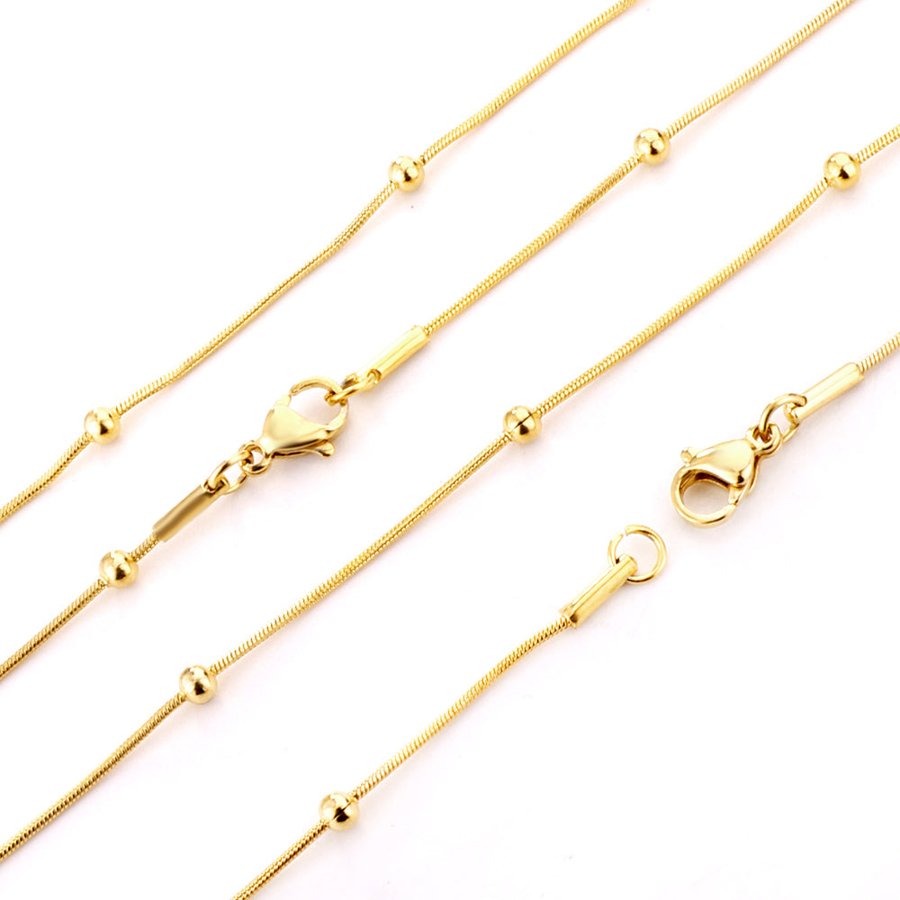 ASON 10pcs/bulk long necklace collar 0.9mm*45cm round snake with 3.0mm beads with chain Steel Color & Gold Color Stainless Steel Necklace Wholesale asonjewelry