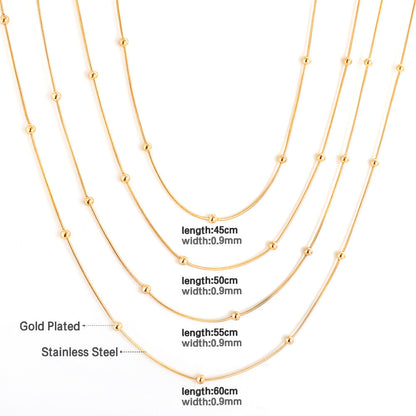 ASON 10pcs/bulk long necklace collar 0.9mm*45cm round snake with 3.0mm beads with chain Steel Color & Gold Color Stainless Steel Necklace Wholesale asonjewelry
