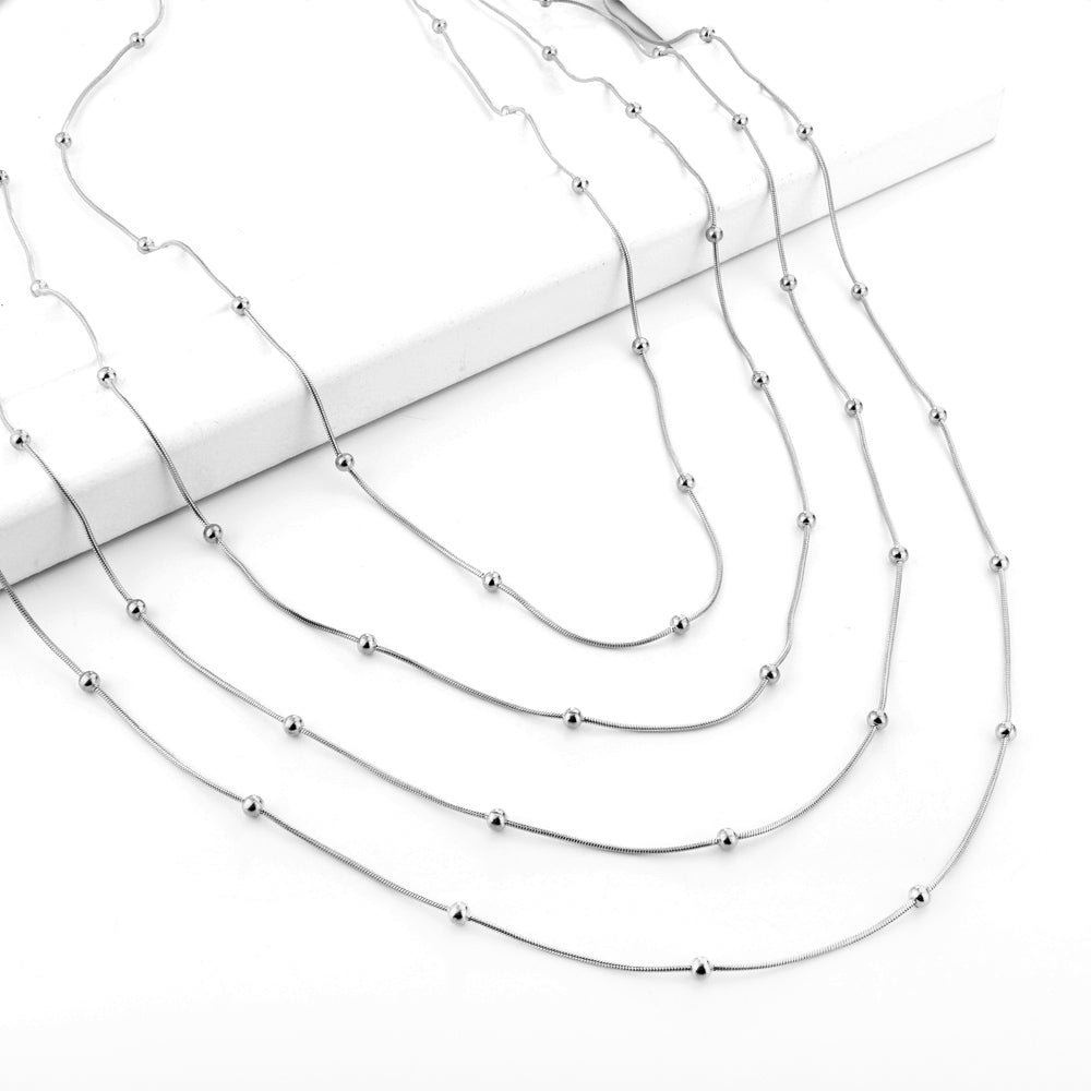 ASON 10pcs/bulk long necklace collar 0.9mm*45cm round snake with 3.0mm beads with chain Steel Color & Gold Color Stainless Steel Necklace Wholesale asonjewelry