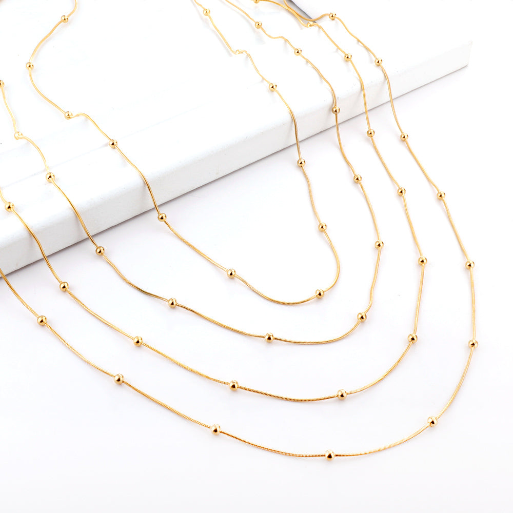 ASON 10pcs/bulk long necklace collar 0.9mm*45cm round snake with 3.0mm beads with chain Steel Color & Gold Color Stainless Steel Necklace Wholesale asonjewelry