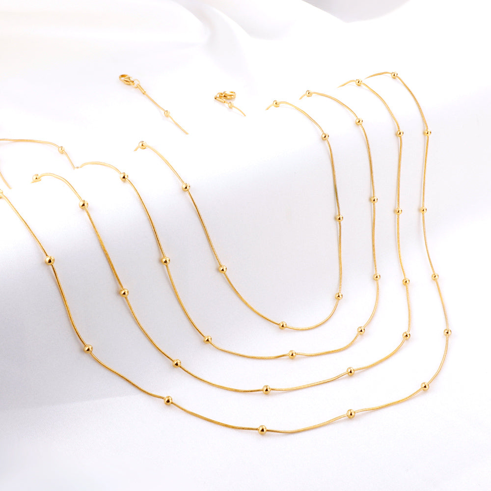 ASON 10pcs/bulk long necklace collar 0.9mm*45cm round snake with 3.0mm beads with chain Steel Color & Gold Color Stainless Steel Necklace Wholesale asonjewelry