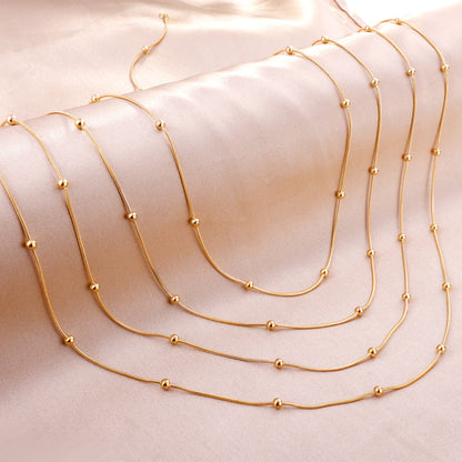 ASON 10pcs/bulk long necklace collar 0.9mm*45cm round snake with 3.0mm beads with chain Steel Color & Gold Color Stainless Steel Necklace Wholesale asonjewelry