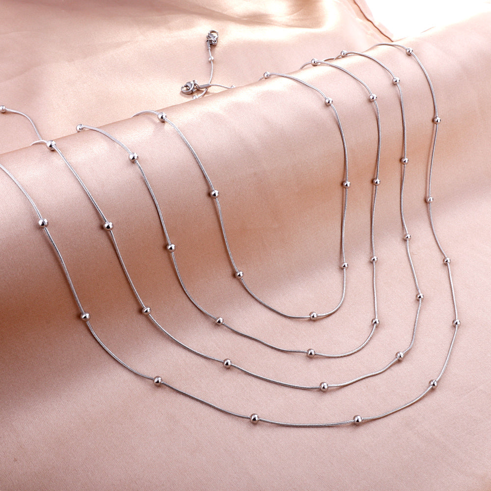ASON 10pcs/bulk long necklace collar 0.9mm*45cm round snake with 3.0mm beads with chain Steel Color & Gold Color Stainless Steel Necklace Wholesale asonjewelry