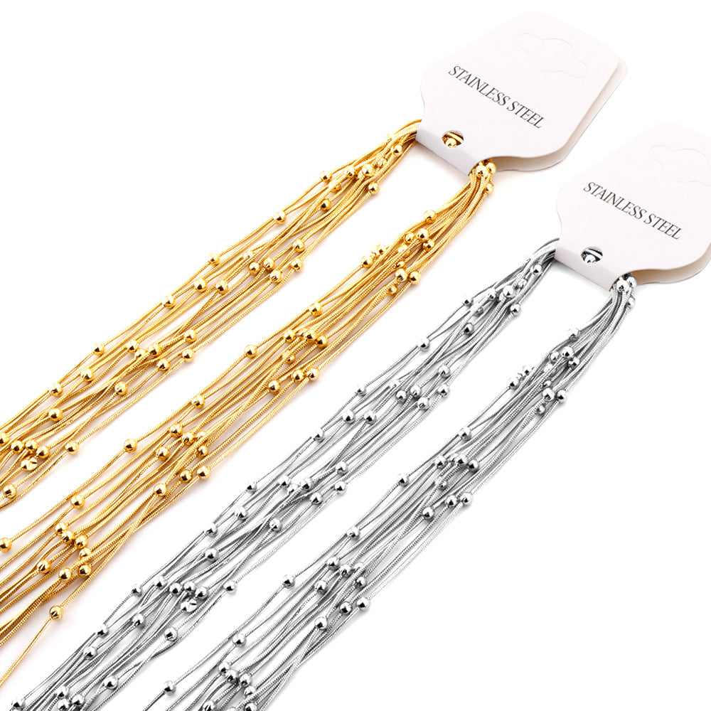 ASON 10pcs/bulk long necklace collar 0.9mm*45cm round snake with 3.0mm beads with chain Steel Color & Gold Color Stainless Steel Necklace Wholesale asonjewelry
