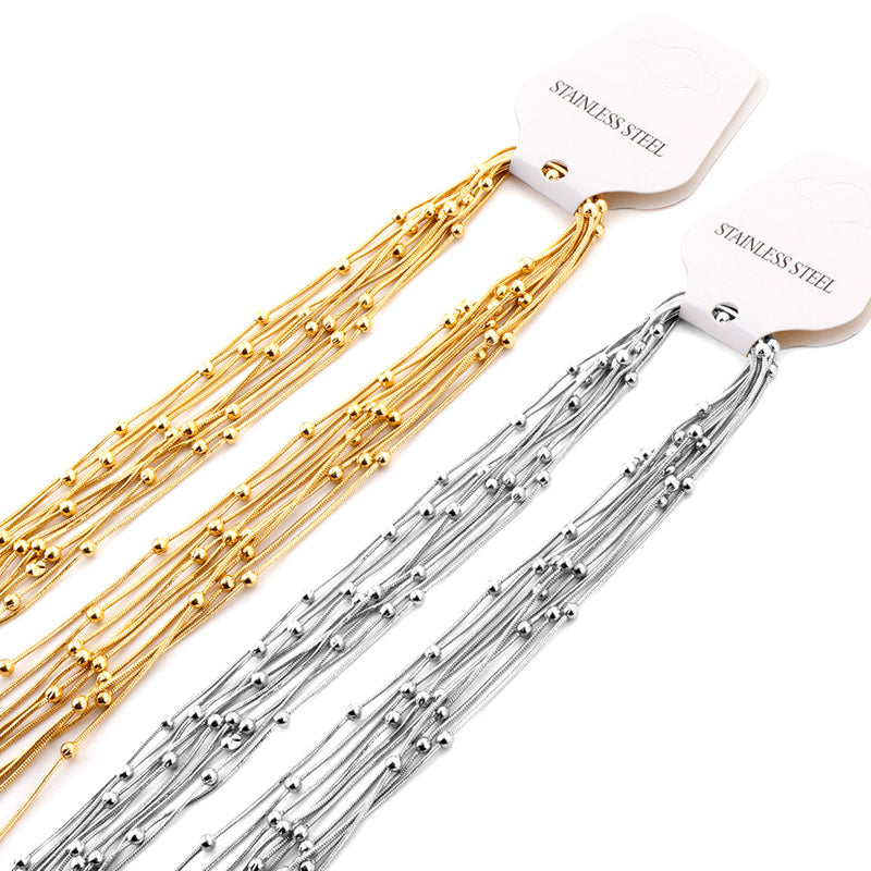 ASON 10pcs/bulk long necklace collar 0.9mm*45cm round snake with 3.0mm beads with chain Steel Color & Gold Color Stainless Steel Necklace Wholesale