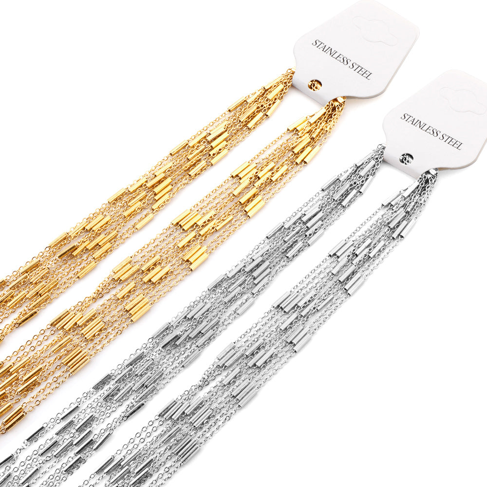 ASON 10pcs/bulk long necklace collar 0.4mm*45cm flat cross with steel tube matching chain steel color & gold stainless steel necklace wholesale asonjewelry