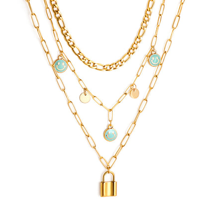 3 lake blue smiley + two round pieces + locking accessories triple chain with diamonds 55+40+35+10cm gold color asonjewelry