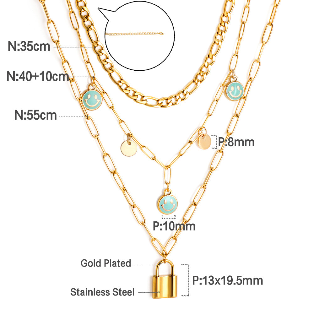 3 lake blue smiley + two round pieces + locking accessories triple chain with diamonds 55+40+35+10cm gold color asonjewelry