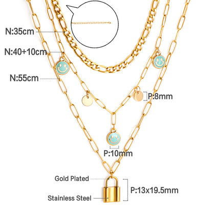 3 lake blue smiley + two round pieces + locking accessories triple chain with diamonds 55+40+35+10cm gold color asonjewelry