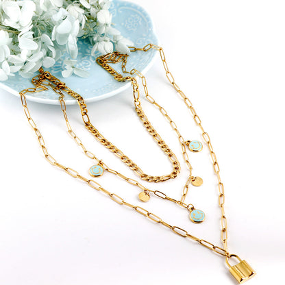 3 lake blue smiley + two round pieces + locking accessories triple chain with diamonds 55+40+35+10cm gold color asonjewelry