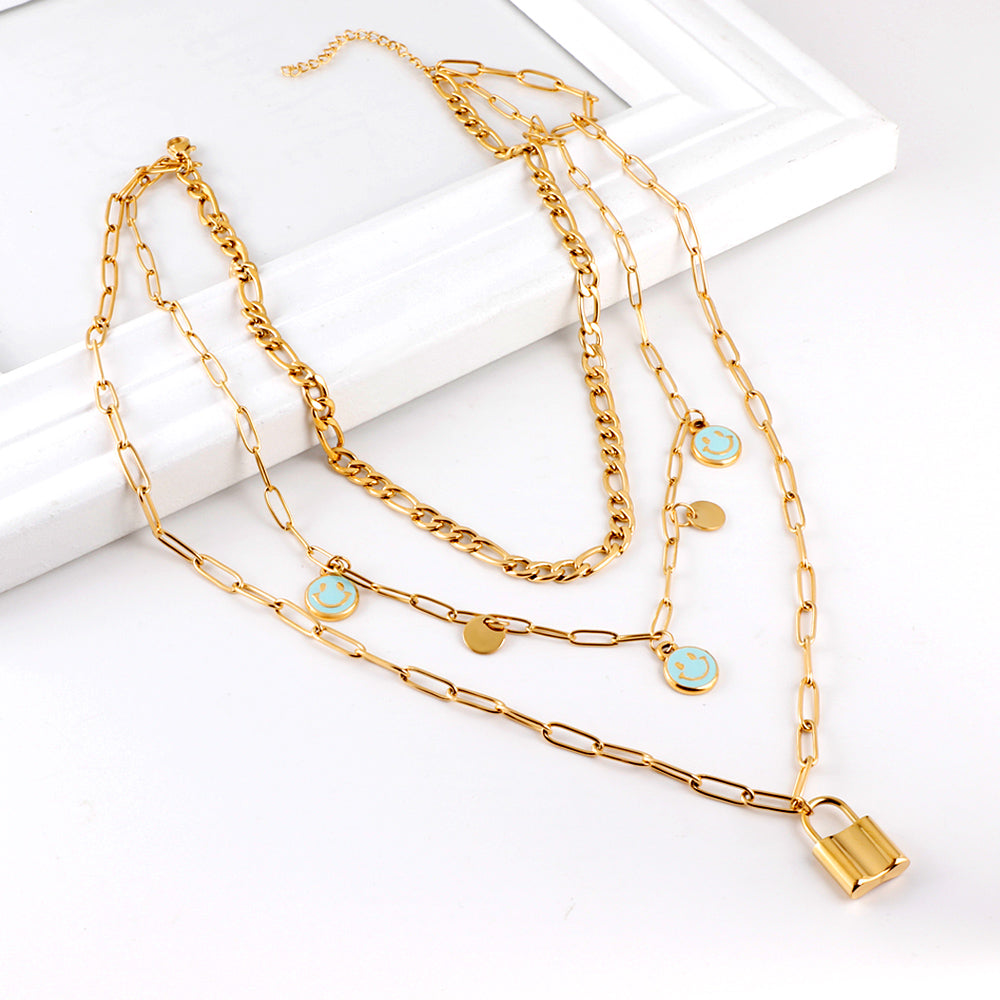 3 lake blue smiley + two round pieces + locking accessories triple chain with diamonds 55+40+35+10cm gold color asonjewelry