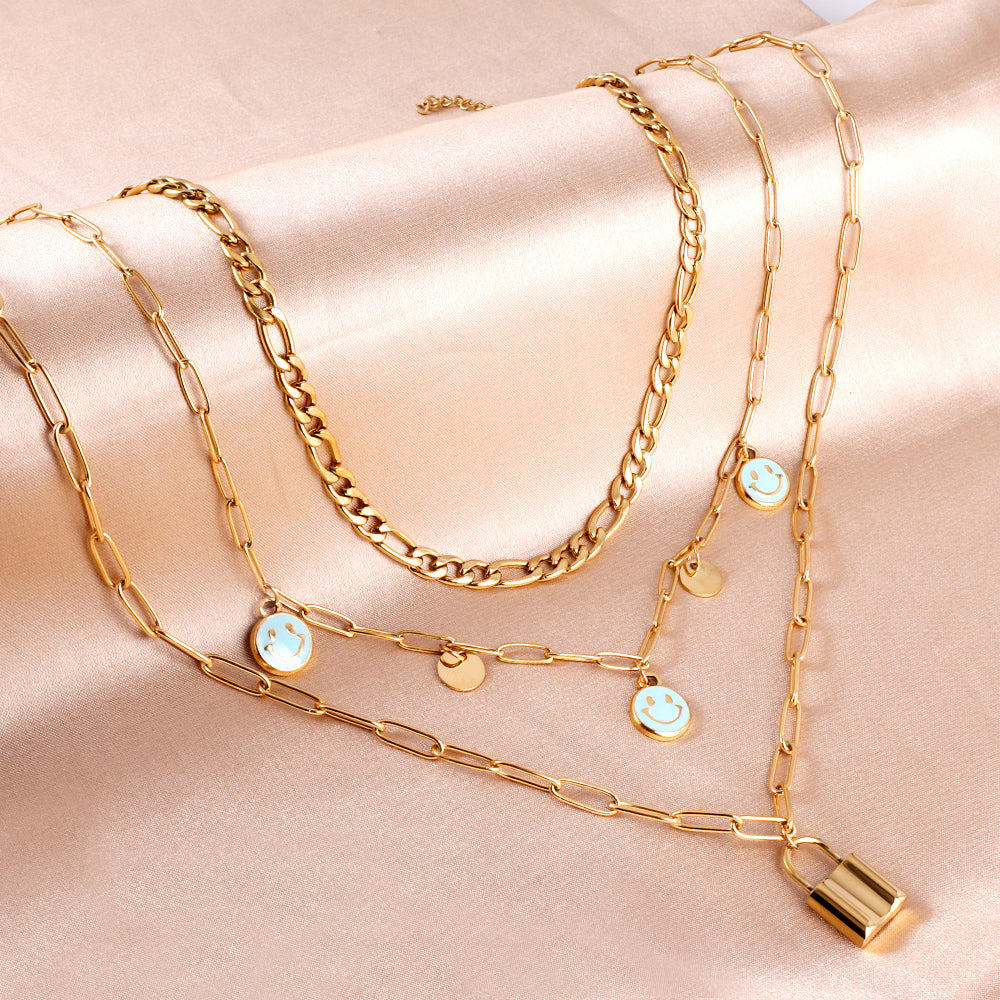 3 lake blue smiley + two round pieces + locking accessories triple chain with diamonds 55+40+35+10cm gold color asonjewelry
