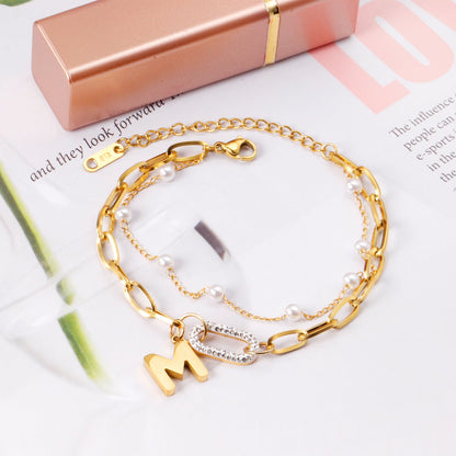 Pearls + M accessories double chain bracelet 17+5cm gold color asonjewelry
