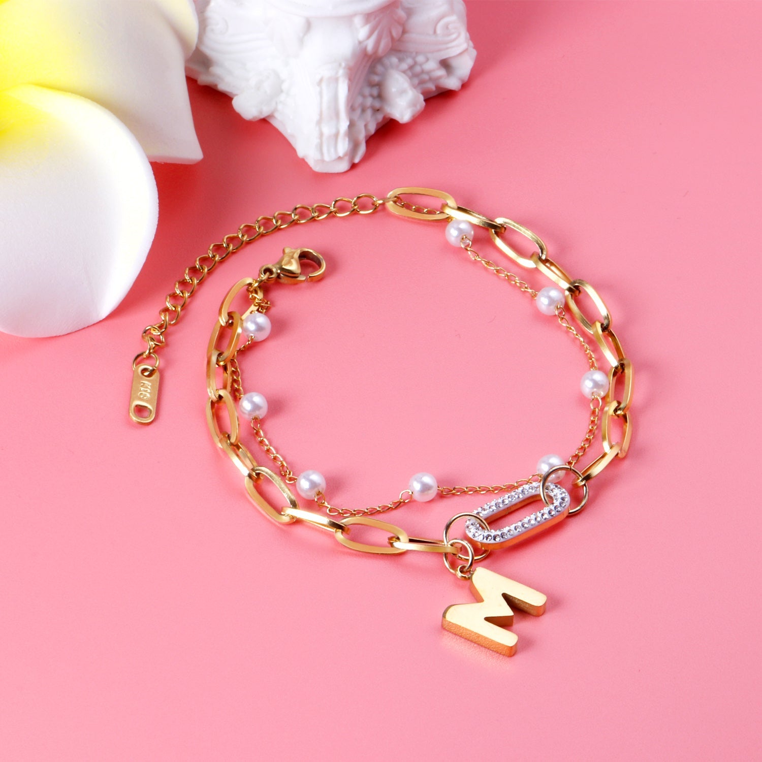 Pearls + M accessories double chain bracelet 17+5cm gold color asonjewelry