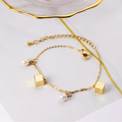 Pearls + square accessories bracelet 16 + 5cm gold color asonjewelry