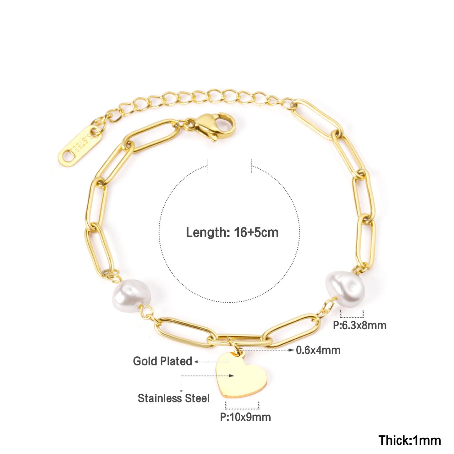 Pearls + heart-shaped accessories bracelet 16 + 5cm gold color asonjewelry