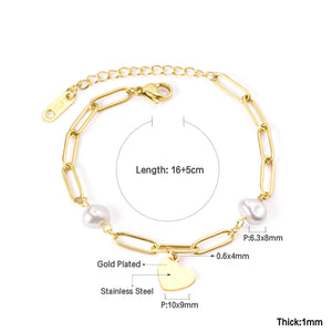 Pearls + heart-shaped accessories bracelet 16 + 5cm gold color