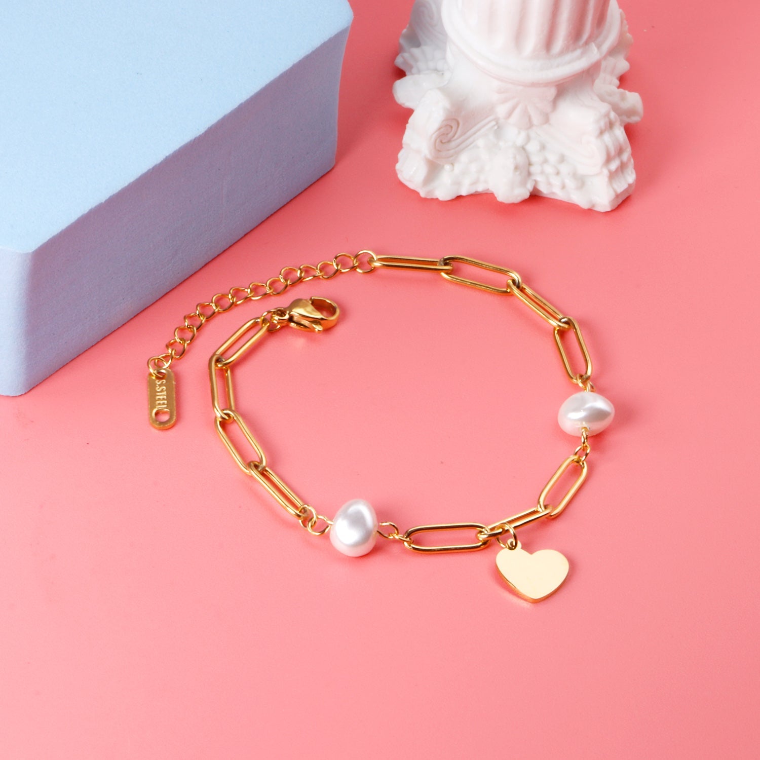 Pearls + heart-shaped accessories bracelet 16 + 5cm gold color asonjewelry
