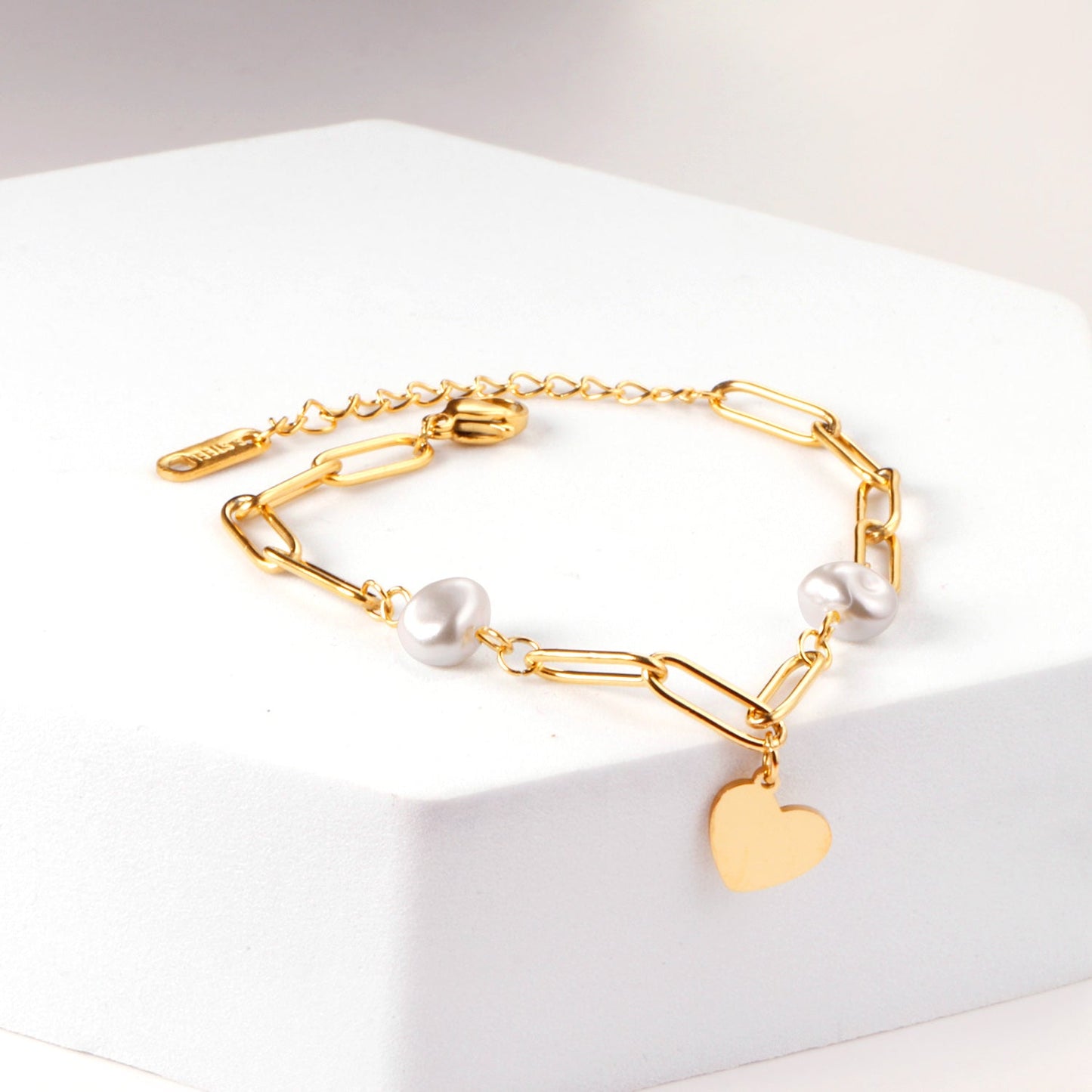 Pearls + heart-shaped accessories bracelet 16 + 5cm gold color asonjewelry