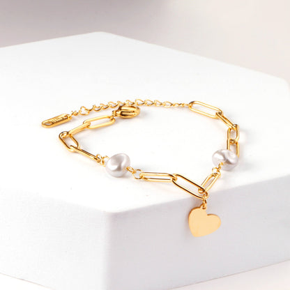 Pearls + heart-shaped accessories bracelet 16 + 5cm gold color asonjewelry