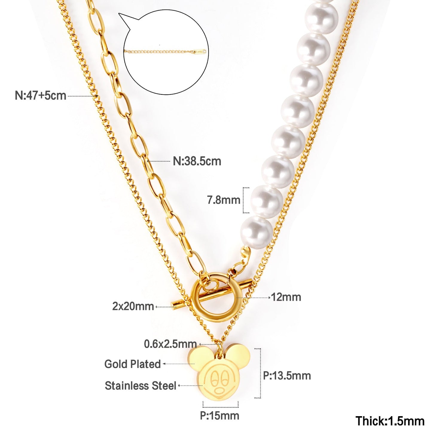 Pearl + Mickey pendant double necklace 47+38+5cm gold color asonjewelry