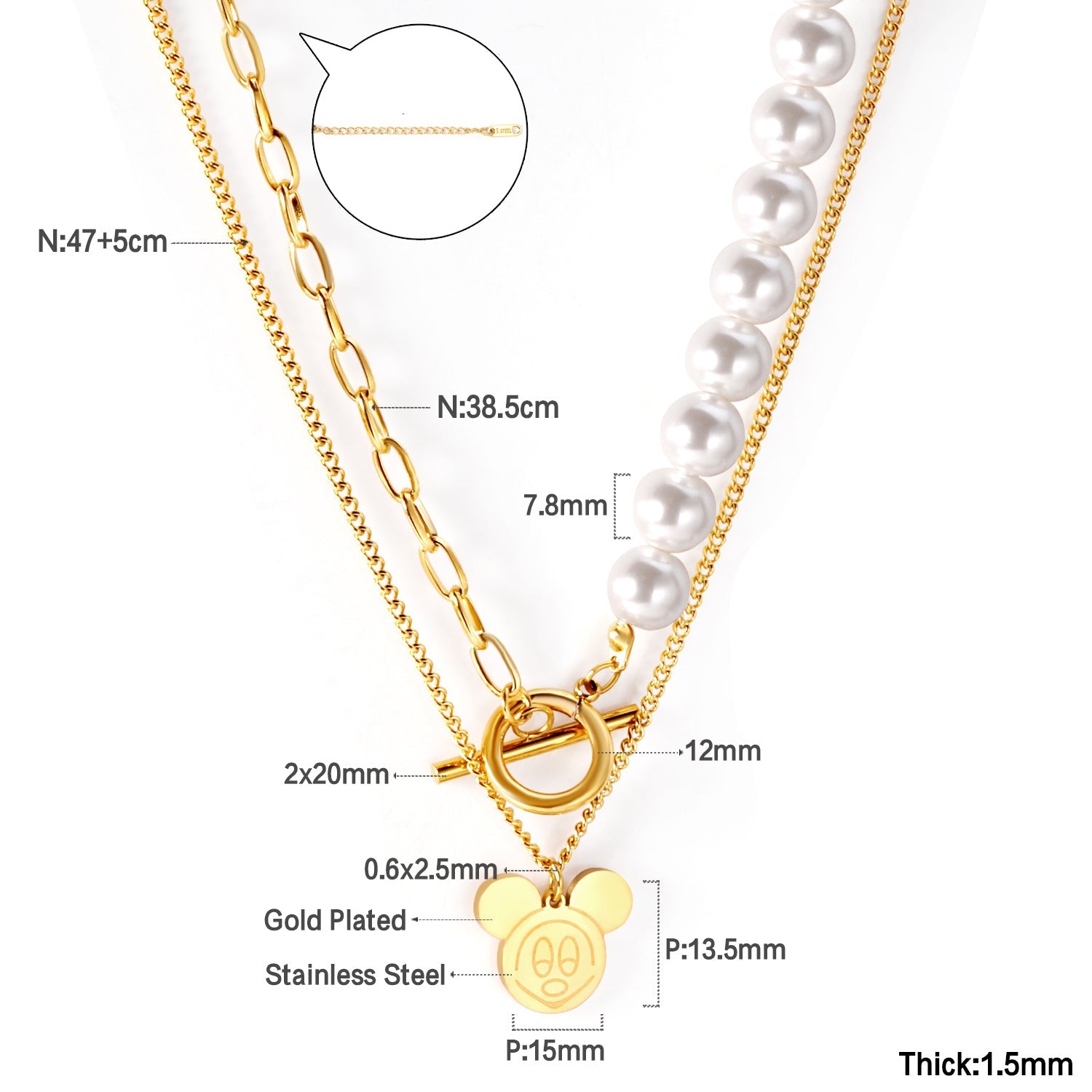 Pearl + Mickey pendant double necklace 47+38+5cm gold color asonjewelry