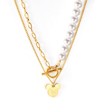 Pearl + Mickey pendant double necklace 47+38+5cm gold color asonjewelry