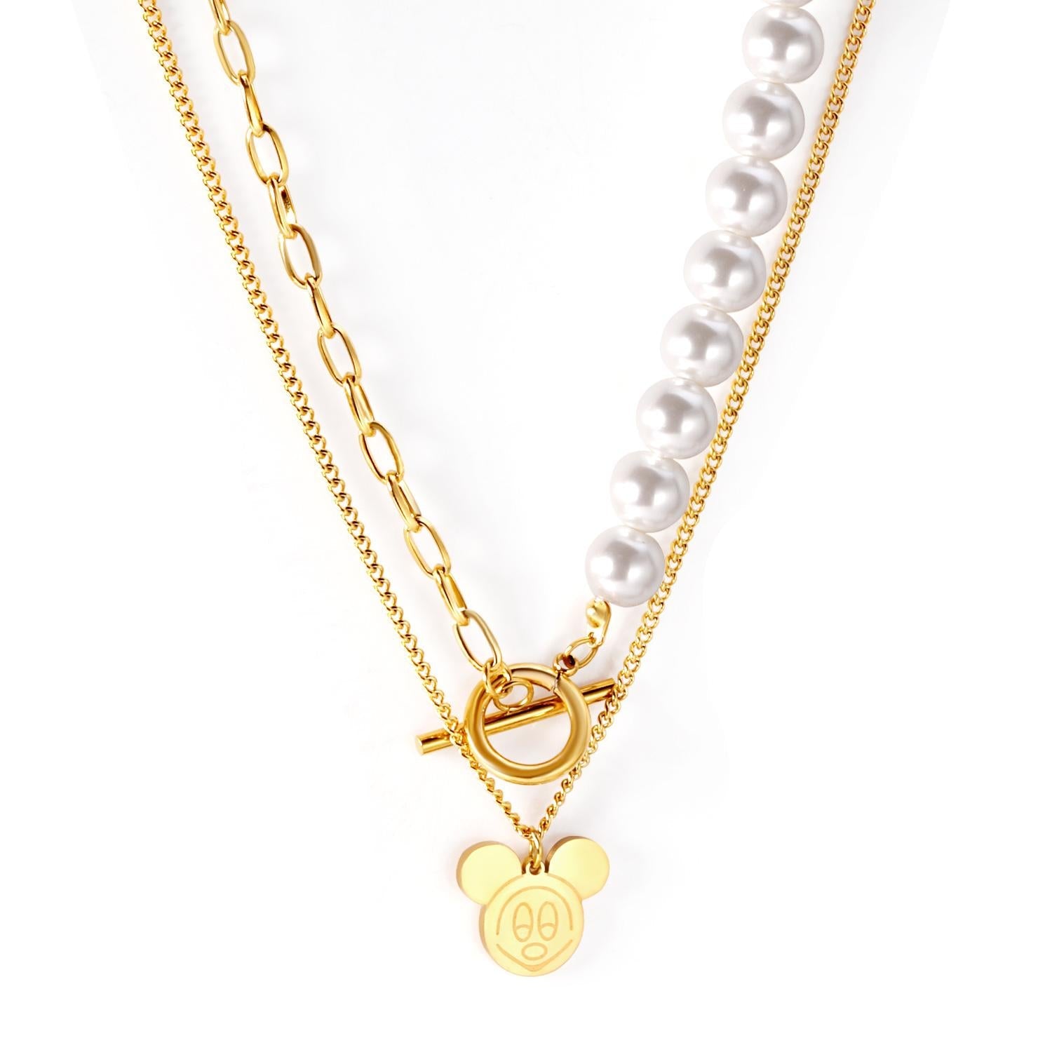 Pearl + Mickey pendant double necklace 47+38+5cm gold color asonjewelry