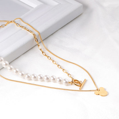 Pearl + Mickey pendant double necklace 47+38+5cm gold color asonjewelry