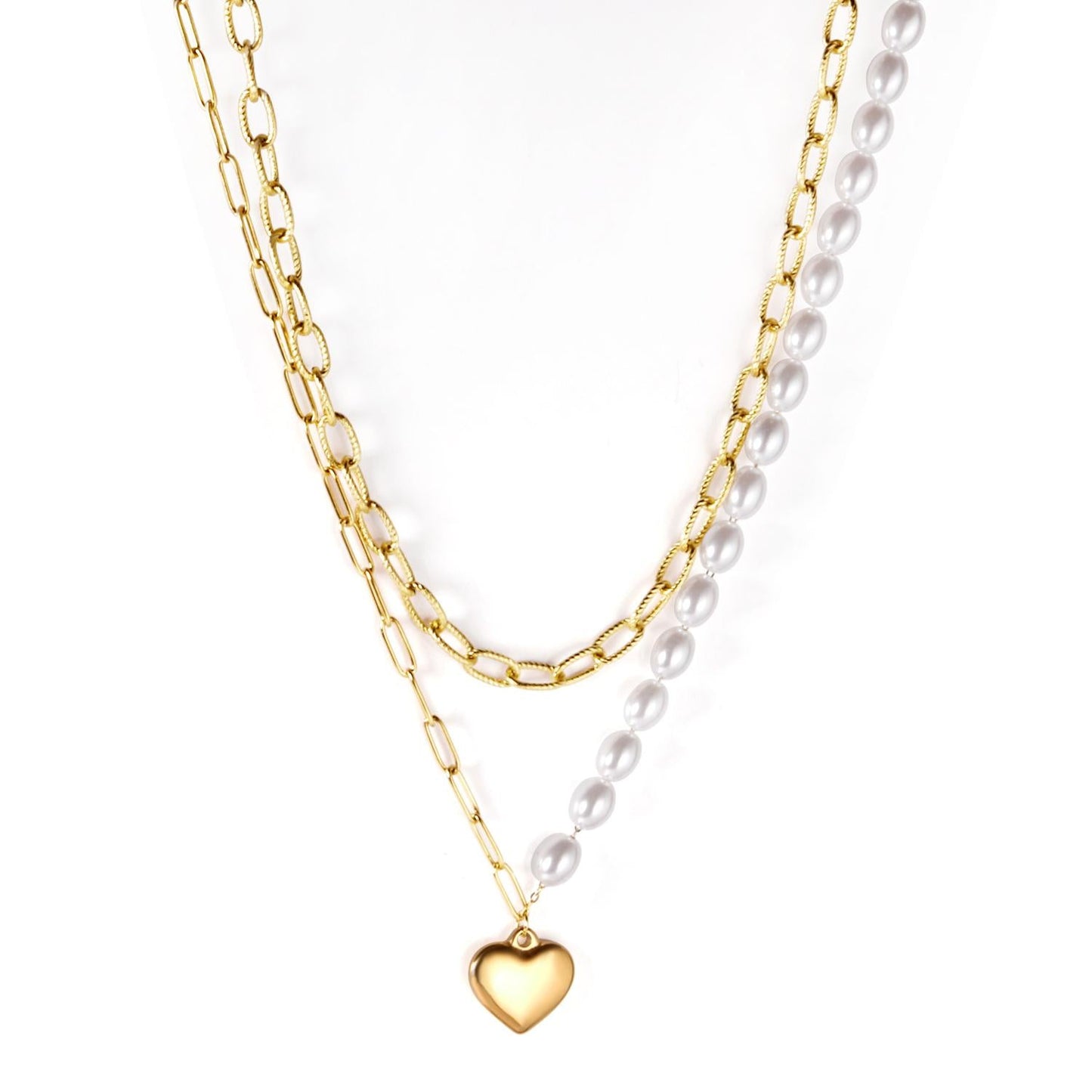 Pearl + heart pendant double chain 45+40+5cm gold color asonjewelry
