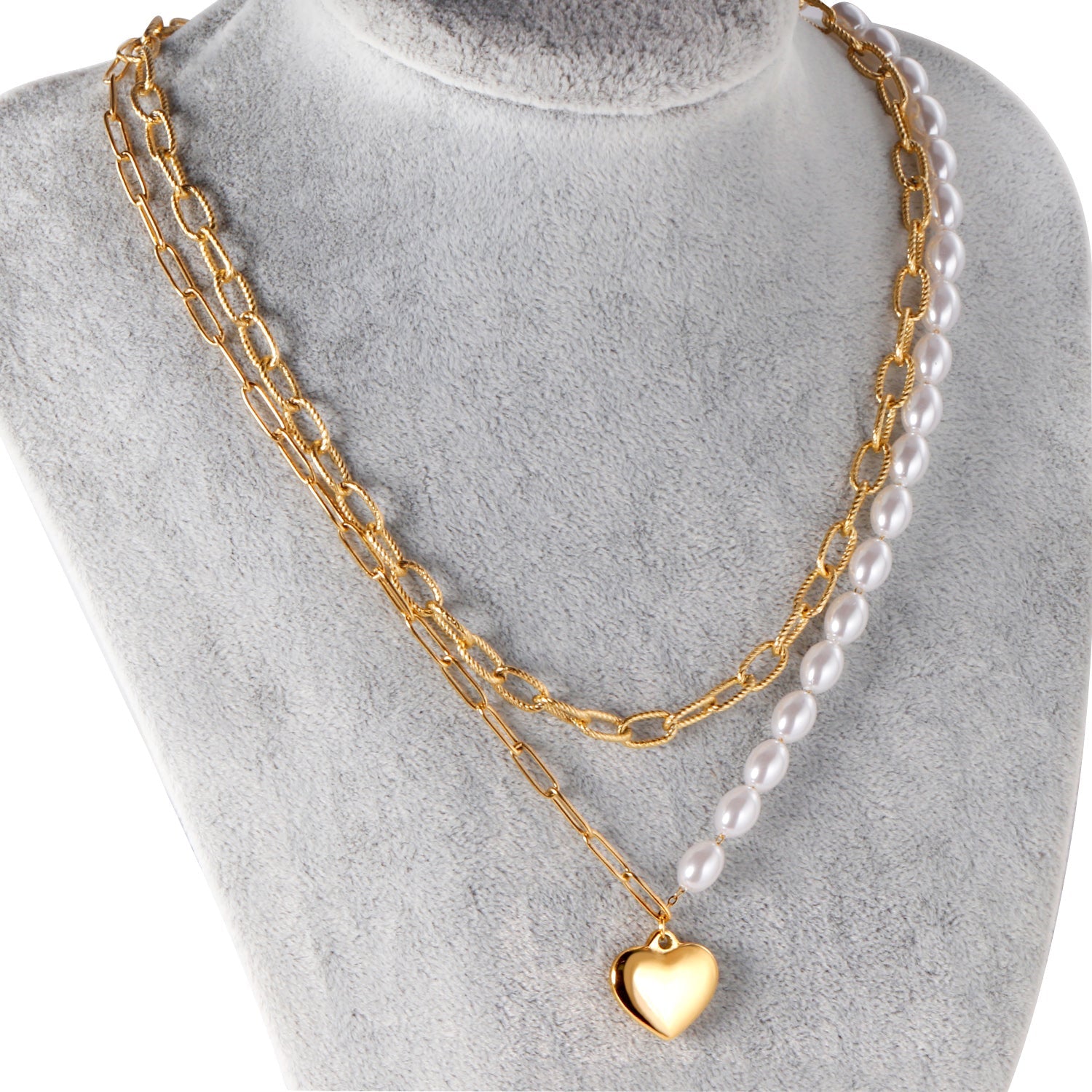 Pearl + heart pendant double chain 45+40+5cm gold color asonjewelry