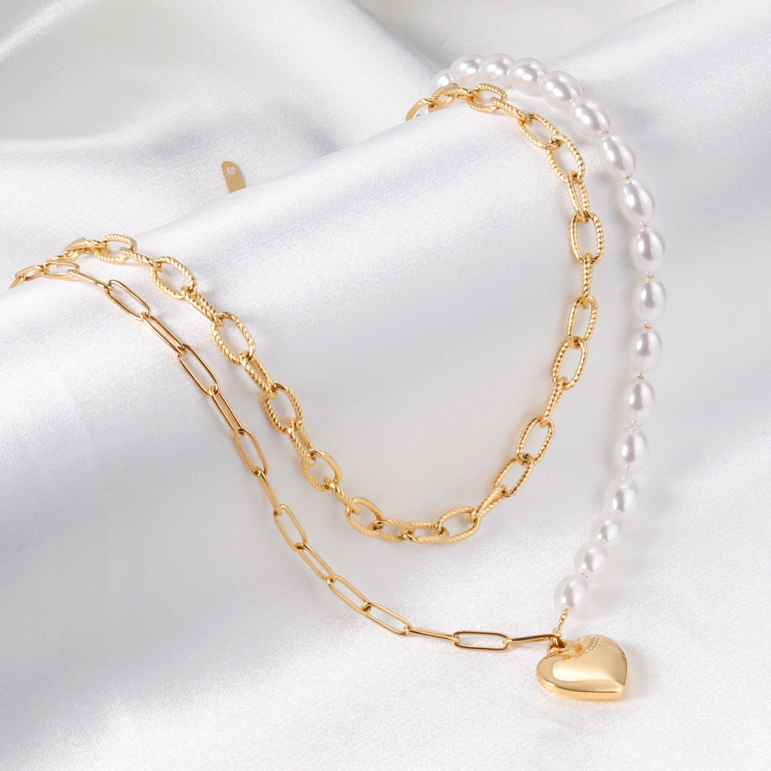 Pearl + heart pendant double chain 45+40+5cm gold color asonjewelry