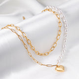 Pearl + heart pendant double chain 45+40+5cm gold color