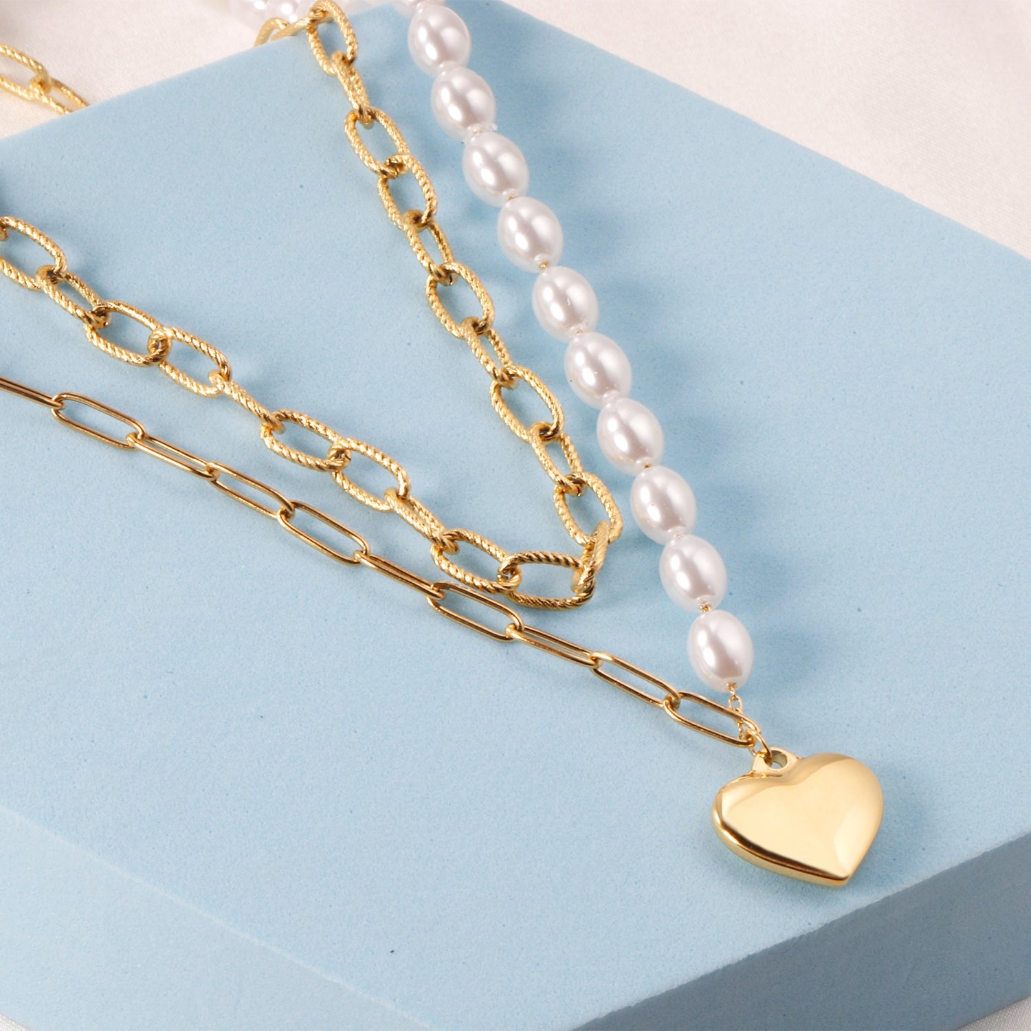 Pearl + heart pendant double chain 45+40+5cm gold color asonjewelry