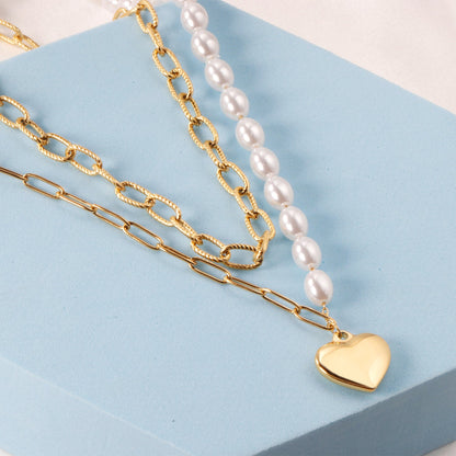 Pearl + heart pendant double chain 45+40+5cm gold color asonjewelry