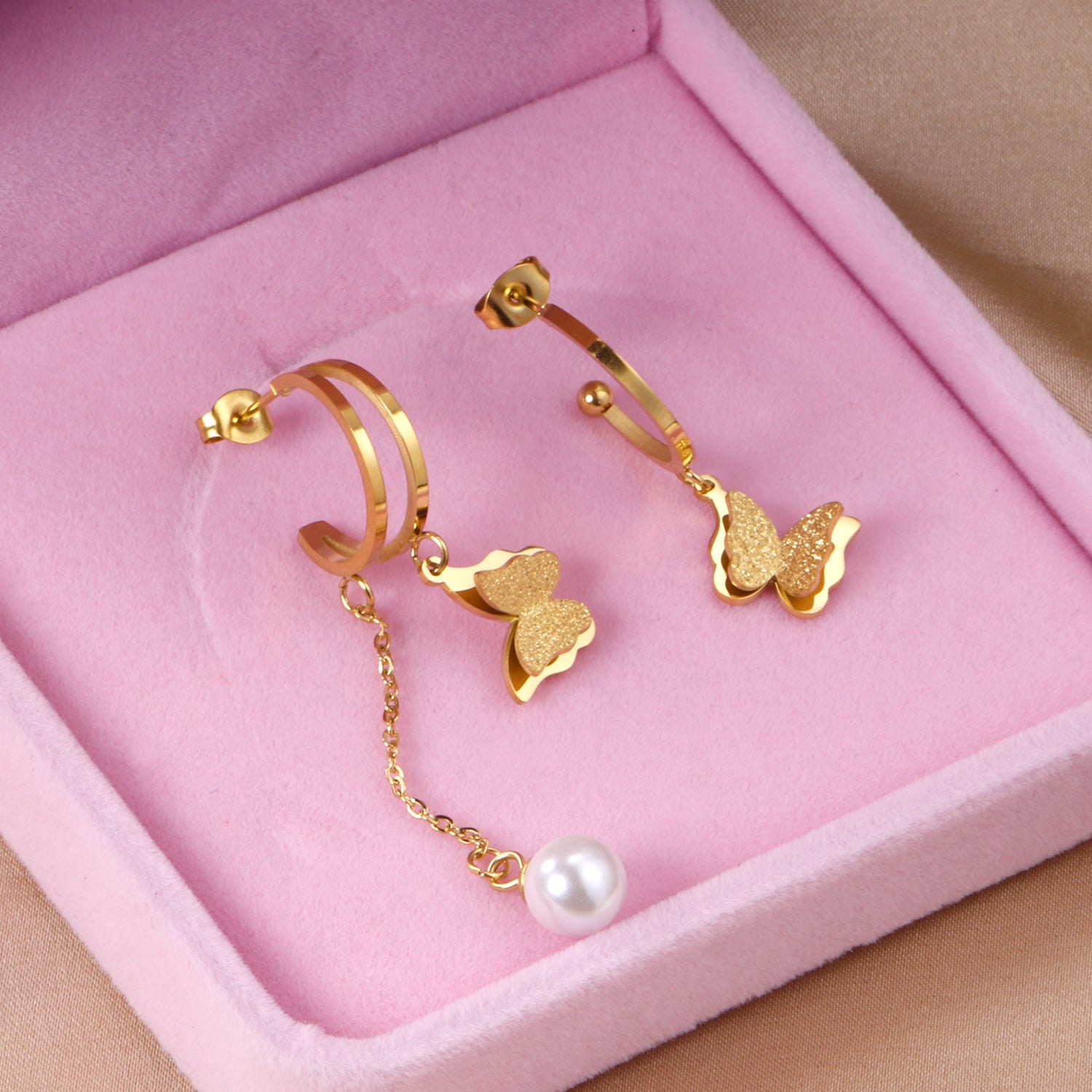 Semi-circle earrings + butterfly + pearl studs asonjewelry