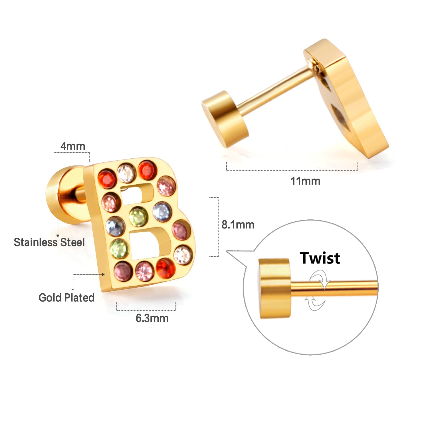 12 pairs Steel/Gold Monogram Screwback Earrings A-Z asonjewelry