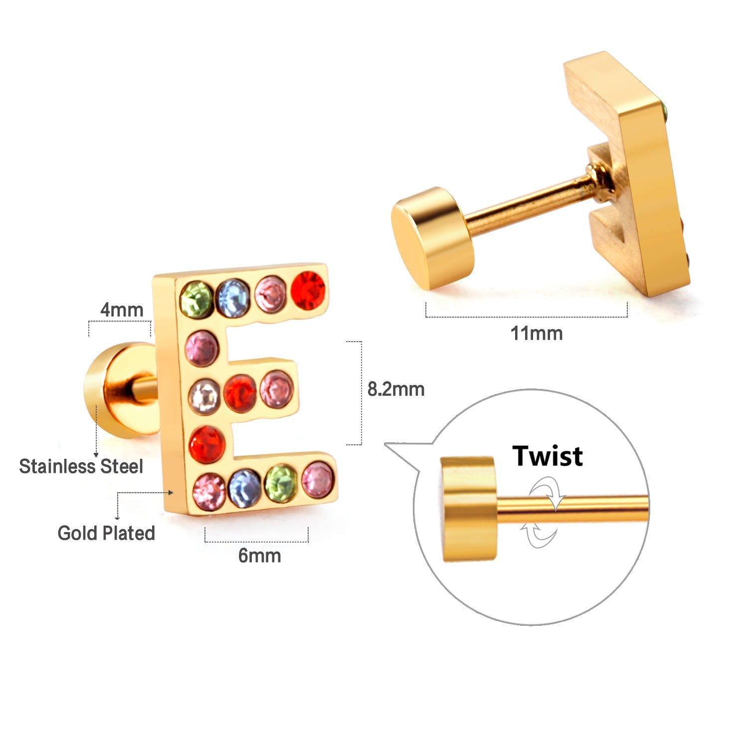 12 pairs Steel/Gold Monogram Screwback Earrings A-Z asonjewelry