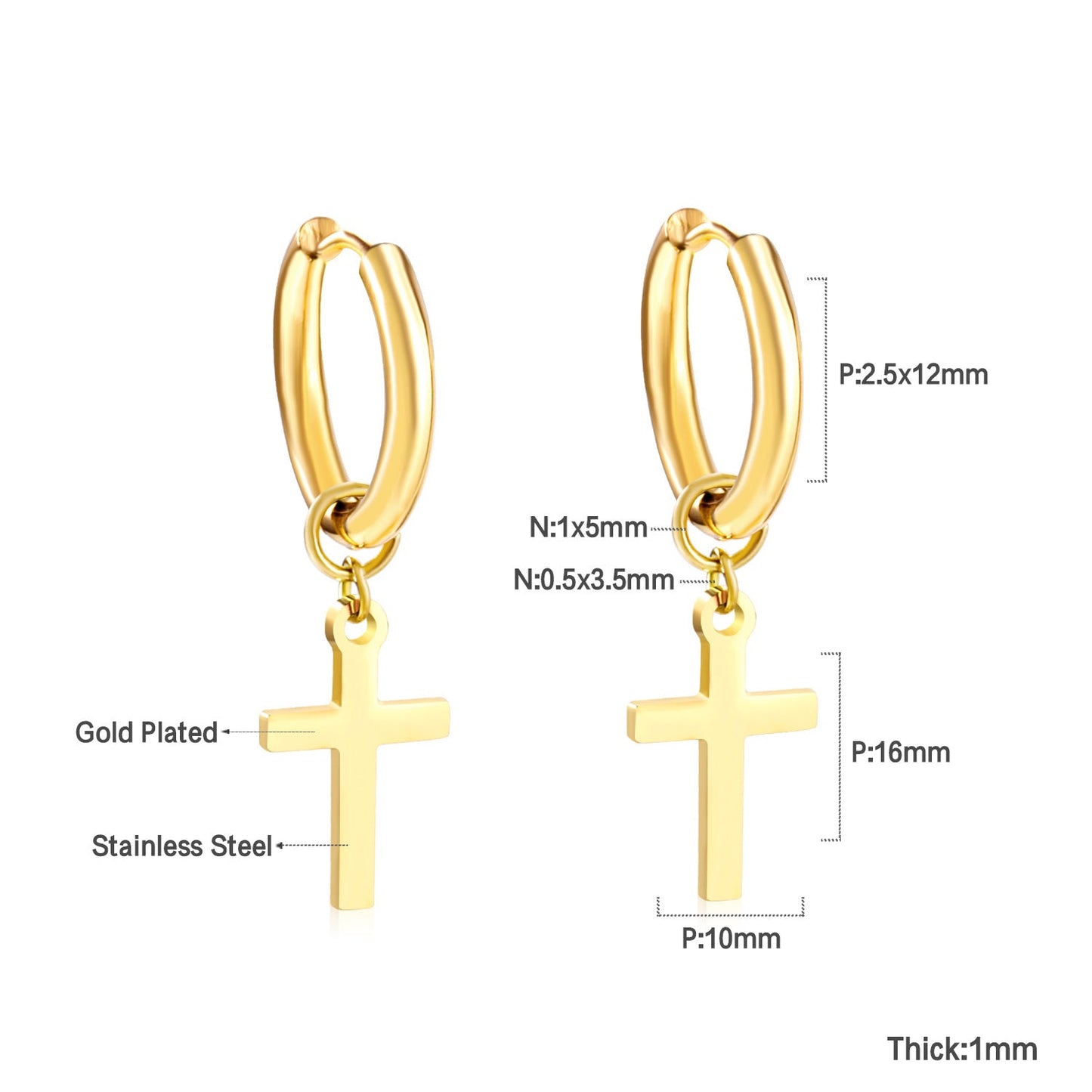 2.5 12mm Internal Wire Earrings-Steel & Gold & Rose Gold & Black Polished + 10x16mm Crosses asonjewelry