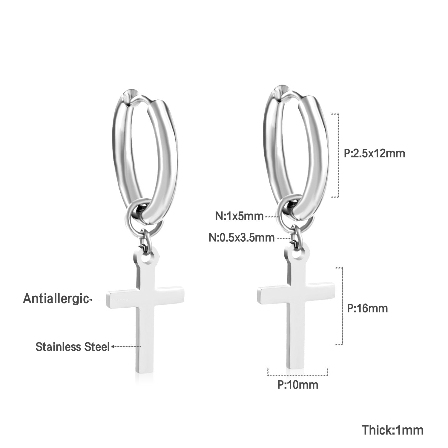 2.5 12mm Internal Wire Earrings-Steel & Gold & Rose Gold & Black Polished + 10x16mm Crosses asonjewelry