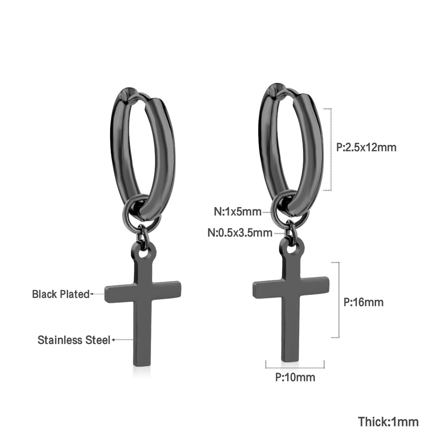 2.5 12mm Internal Wire Earrings-Steel & Gold & Rose Gold & Black Polished + 10x16mm Crosses asonjewelry